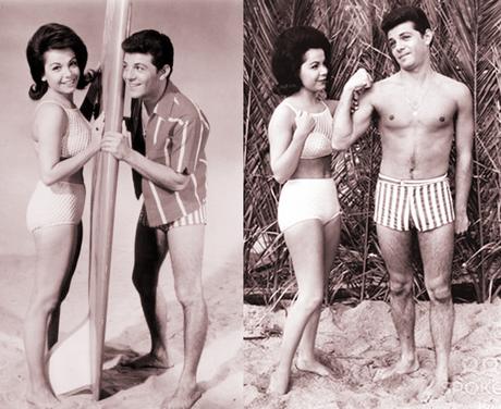 Frankie Avalon Annette Funicello beach movie publicity photos with surfboard sand big bicep muscles pose gets admiring look