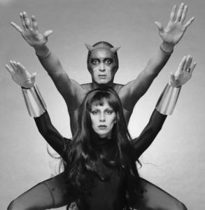 Model, actress, musician and writer Angela Bowie as Black Widow with actor Ben Carruthers (1936 - 1983) as comicbook superhero Daredevil in a publicity still for a proposed TV series, 1975. (Photo by Terry O'Neill/Hulton Archive/Getty Images)