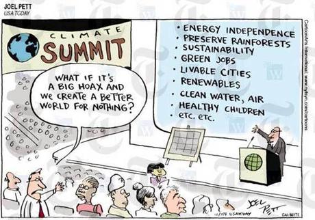 a climate summit with a presenter on stage displaying a list of benefits of mitigation efforts