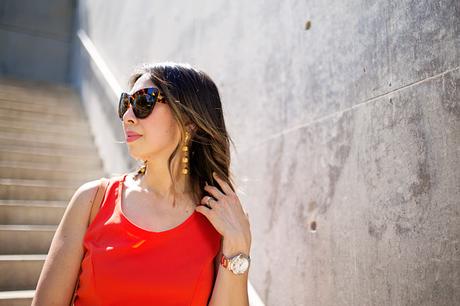 style of sam, vintage chanel drop ball drop earrings, orange jumpsuit, lob haircut with ombre color