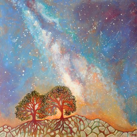 Twin Trees and the Milky Way. 36″ x 36″, Oil on Wood, © Cedar Lee 2013