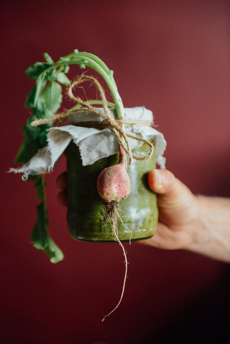 Hazelwood Urban Farms CSA Recipe: Radish, Chard & Leafy Greens Pesto (Vegan) Radish Pesto // www.WithTheGrains.com