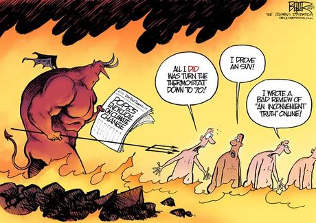 Climate Change Sins © Nate Beeler,The Columbus Dispatch,pope francis, climate change, global warming, encyclical, environment, pollution, air conditioning, thermostat, suv, inconvenient truth, al gore, hell, demon, devil, sin, religion, catholic, catholicism, church, vatican