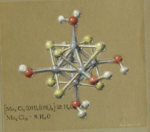 Illustrating Science Pastel drawing of the molecular structure of molybdenumdichloride. By Roger Hayward, 1964.