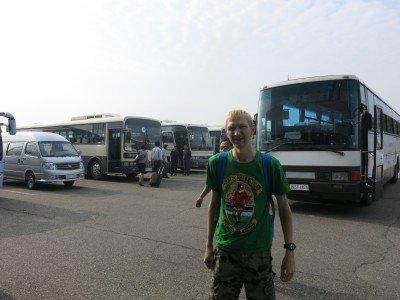 Staying at the 5 Star Yanggakdo Hotel in Pyongyang, North Korea Arriving at the Yanggakdo Hotel by tour bus