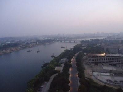 Staying at the 5 Star Yanggakdo Hotel in Pyongyang, North Korea View of Pyongyang out of our bedroom window