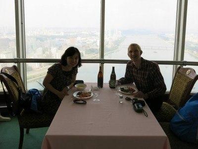 Staying at the 5 Star Yanggakdo Hotel in Pyongyang, North Korea Lunch at the revolving restaurant on the 47th floor.