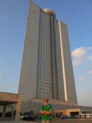 Staying at the 5 Star Yanggakdo Hotel in Pyongyang, North Korea Out the front of the Yanggakdo International Hotel in Pyongyang, North Korea