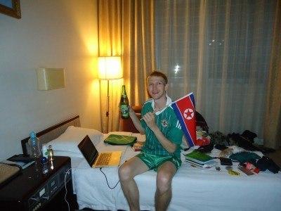 Staying at the 5 Star Yanggakdo Hotel in Pyongyang, North Korea A beer and some blogging in the bedroom