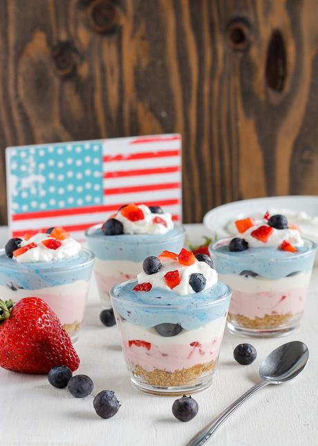 Declare your independence from the oven with these red, white, and blue No-Bake Berry Cheesecakes that are perfect for the 4th of July!
