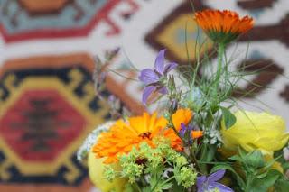 Calendula and Kelims. Calendula posy. Tuckshop Flowers pop up for British Flowers Week 2015 with More By Design, Birmingham