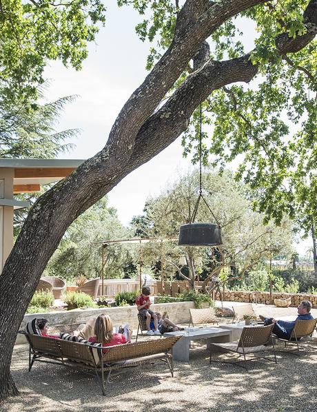 Outdoor living area of the Stillwater Dwellings prefab in Napa