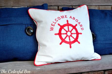 July 4th: History, Fun, Family and Some Recipes Welcome Aboard pillow and blue pillows for July Fourth celebration