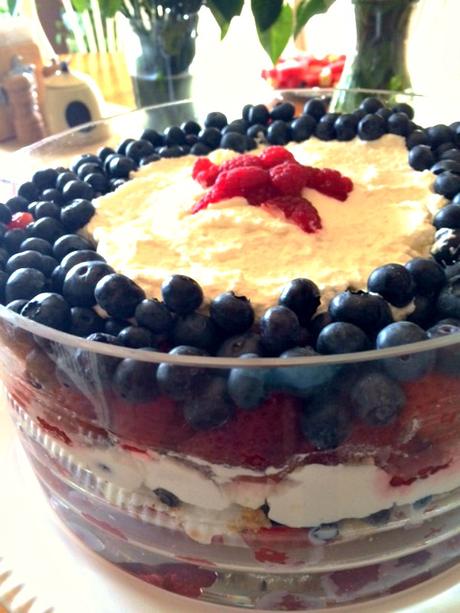 July 4th: History, Fun, Family and Some Recipes July 4th trifle made of strawberries, raspberries, blueberries, angel food cake and whipped cream