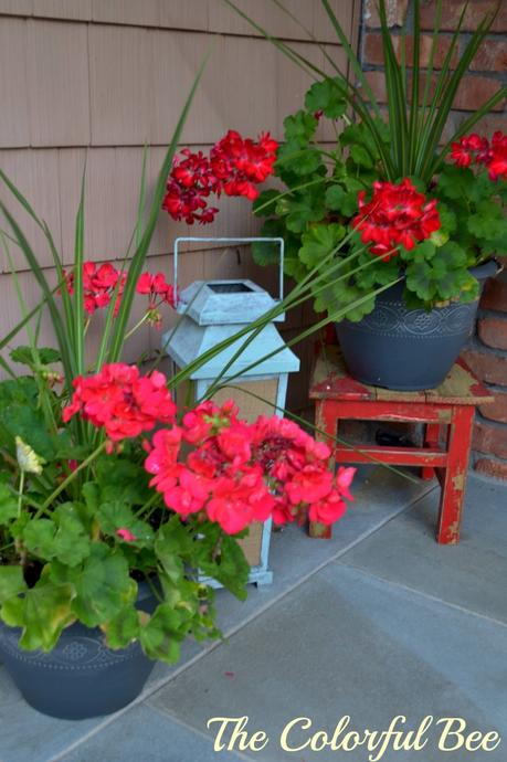 July 4th: History, Fun, Family and Some Recipes red geraniums and a painted lantern for a porch decoration