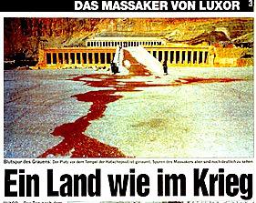 Terror attacks in Africa, fingerings in Canada & a Filipino drag karaoke photo The Swiss tabloid Blick turned a puddle of water into a river of blood flowing from the temple of Hatshepsut, the site of the Luxor massacre