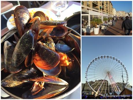 Marseille, France: European Capital of Culture Steamed mussels for lunch along the Quai du Port, Foire aux Santons ferris wheel