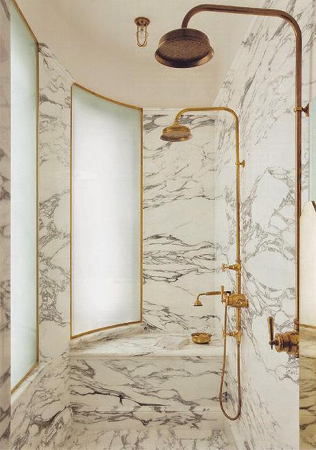 Gorgeous marble bathrooms Design by Maddox Creative via the World of Interiors