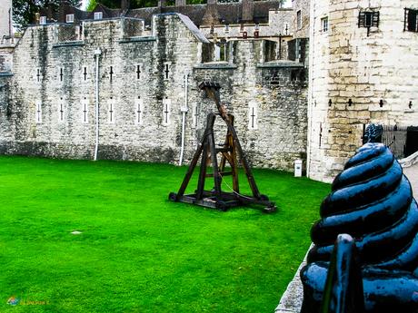 A replica catapult in the moat area.