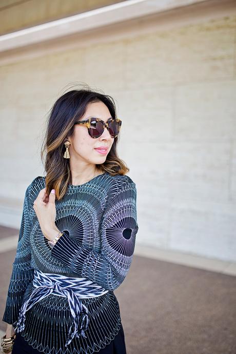 geometric top and ikat obi belt, lob haircut with ombre highlights, how to wear black