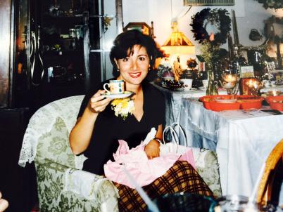 Me, unwrapping lots of presents and teacups, 1997.