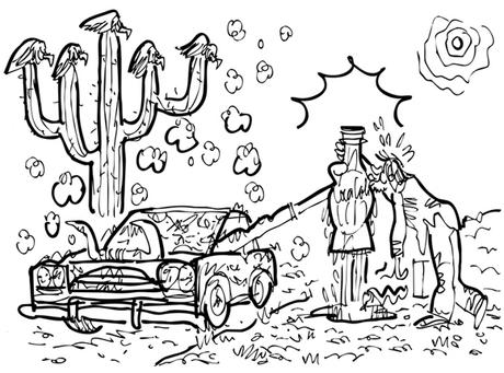 And Lo– A Miracle In The Desert revised rough sketch car stopped in desert hand from window offering cold Coke thirsty guy gratefully kissing bottle cow skull snake hot sun buzzards perched on cactus