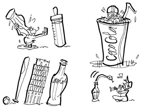 And Lo– A Miracle In The Desert Coca-Cola sketches baby prefers Coke to milk bottle football player kid cooling off in Coke cup baseball bat Coke bottle Tower Of Pisa leaning snake charmer kid snake emerging from Coke bottle