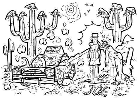 And Lo– A Miracle In The Desert car stopped in desert hand from window offering cold Coke thirsty guy gratefully kissing bottle cow skull snake hot sun buzzards perched on cactus