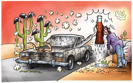 And Lo– A Miracle In The Desert uncropped flattened illustration car stopped in desert hand from window offering cold Coke thirsty guy gratefully kissing bottle cow skull snake hot sun buzzards perched on cactus