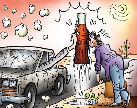 And Lo– A Miracle In The Desert thirsty guy kissing cold Coke bottle detail image car stopped in desert hand from window cow skull snake hot sun buzzards perched on cactus