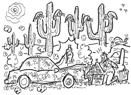 And Lo– A Miracle In The Desert guy in desert dying of thirst buzzards on cactus car stopped hand emerging from window with ice-cold Coke