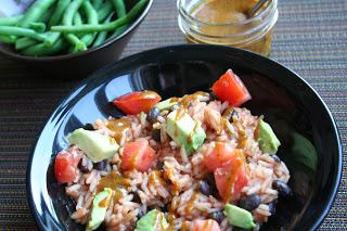 Rice, Black Bean and Avocado Bowl with Sweet Chili Mustard Dressing