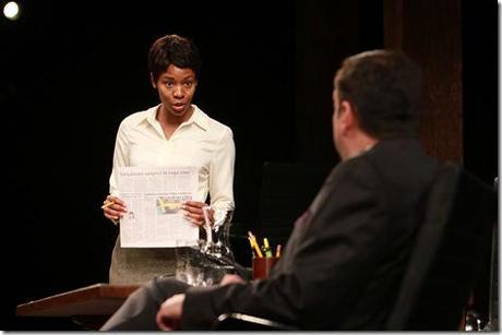 Susan (Tamberla Perry) points out a critical detail to her employer Jack Lawson (Marc Grapey) in the Chicago premiere of Review: Race (Goodman Theatre)