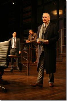 From left, Jack Lawson (Marc Grapey) and Henry Brown (Geoffrey Owens) half-heartedly listen to their client Charles Strickland’s (Patrick Clear) pleas in the Chicago premiere of Review: Race (Goodman Theatre)