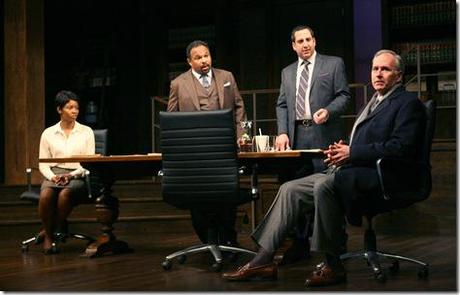 (l-r) Susan (Tamberla Perry), Henry Brown (Geoffrey Owens) and Jack Lawson (Marc Grapey) put Charles Strickland (Patrick Clear) in the hot seat in the Chicago premiere of Review: Race (Goodman Theatre)