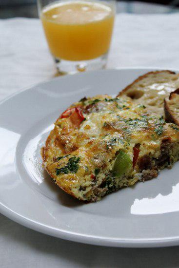 Food: Breakfast Sausage and Pepper Frittata with Guryere.