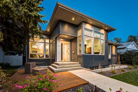 Hardie panel facade and entrance of Calgary home designed by DOODL.
