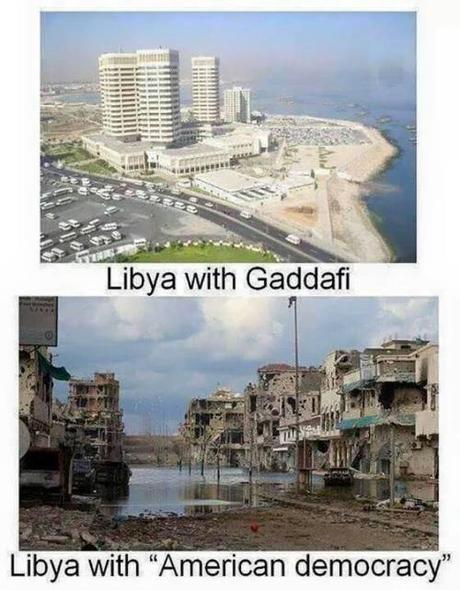 America Saved Libya I am a liberal humanitarian bomber. The photo above shows Libya under the evil dictator Ghaddafi. The photo at bottom shows Libya after it was liberated by US jet bombers and freedom fighters consisting of Al Qaeda. God bless the Libyan people. Where would they be without America?