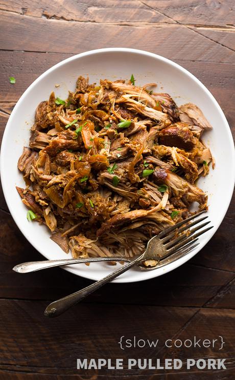 Slow Cooker Maple Pulled Pork (3 ways): 6 ingredients and 15 minutes to get it into the crockpot, then cook on low for 8 hours. And three ways to serve the pulled pork! @sweetpeasaffron