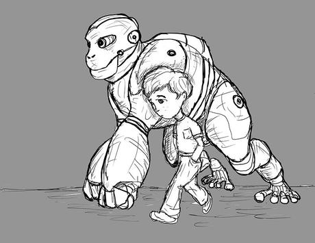 A drawing of a boy with a large gorilla-shaped robot.