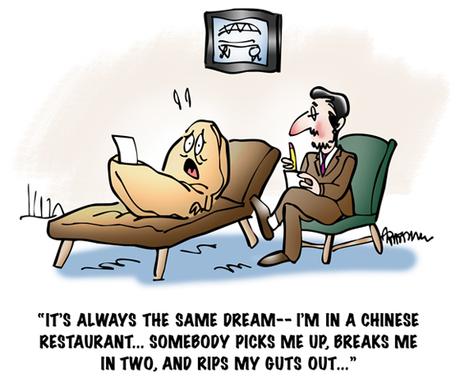 Fortune cookie on psychiatrist couch telling of recurring dream he's in Chinese restaurant, someone breaks him in two and rips his guts out