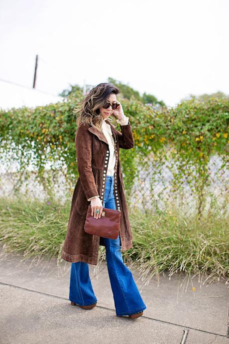 how to wear flare jeans, suede trench, victorian blouse, the 70s look