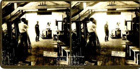 According to the letter, “1026 shows the experiment room where my micro-motion study first took place. The floor is cross-sectioned, and the two clocks can be seen half way up on the right hand side of the picture.”