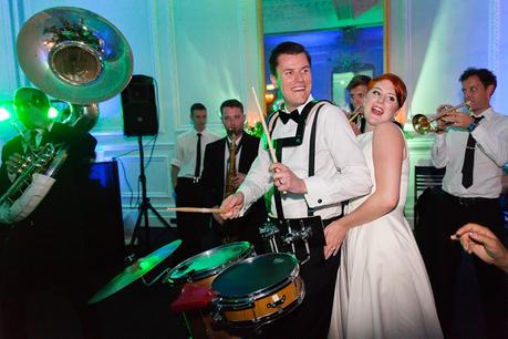Leeds Club Wedding Photography New York Brass Band Party Groom plays Drums