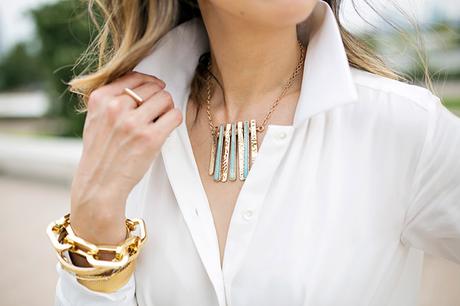 palmer harding tie front shirt, how to wear all white, barse jewelry prism necklace, gold arm party