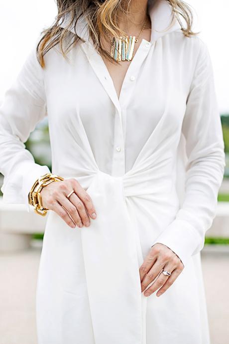 palmer harding tie front shirt, how to wear all white, barse jewelry prism necklace, gold arm party