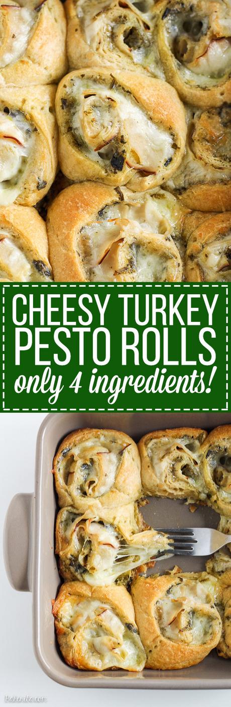 Cheesy Turkey Pesto Rolls These Cheesy Turkey Pesto Rolls make a great snack or appetizer perfect for tailgating or the holidays! Gooey mozzarella makes this easy four ingredient recipe absolutely irresistible.