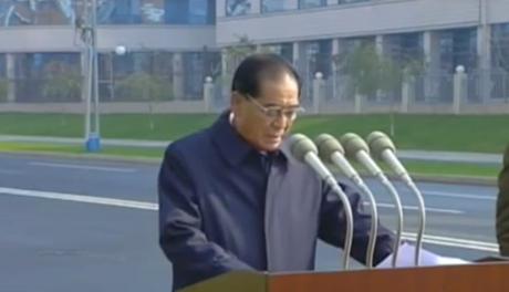 DPRK Premier Pak Pong Ju delivers a speech prior to the opening of Mirae Scientists' Street in Pyongyang on November 3 (Photo: KCTV).