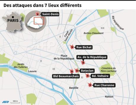 Latest Updates on the Paris Terror Attacks Better map showing all seven of the attack locations.