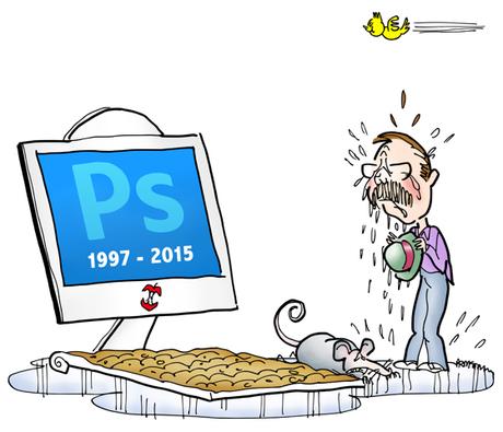 Twitter bird pooping on head of man crying puddle of tears at dead Photoshop monitor gravestone with dead mouse next to dirt-covered keyboard
